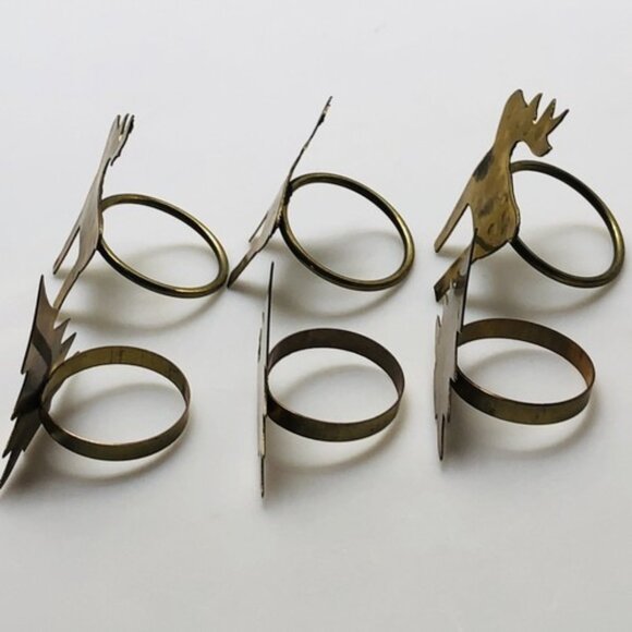 Vintage Napkin Ring Holders Brass Gold Tone Metal Rustic Tree Moose Set Of 6 - Picture 4 of 12